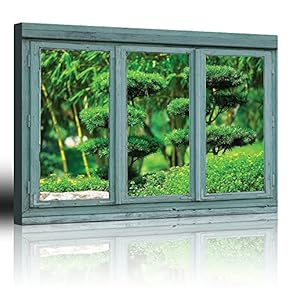 Vintage Teal Window Looking Out Into a Japanese Garden with Sculpted Trees - Canvas Art Home Art - 24x36 inches