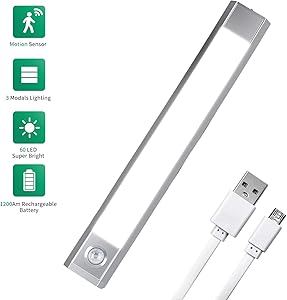 Motion Sensor LED Closet Light - Wireless Under Cabinet Lighting with USB Rechargeable 1200mAh Battery Operated, 60 LED Counter Lighting Motion Activated Light 3 Mode Warm White, Cold White and White