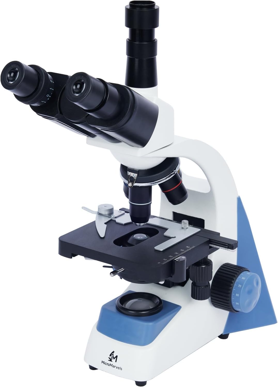 Photo 1 of MicroMarvels Professional Compound Trinocular Microscope 40X-2000X,with 7 inch Screen, Dual LED Illumination with WF10X & WF25X Eyepieces for School Laboratory, Home Learning (Blue & White)