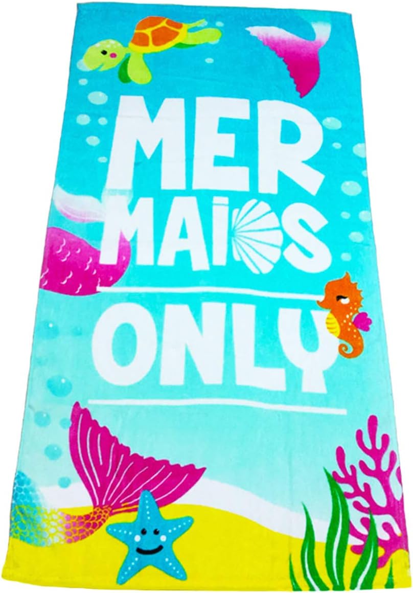 PINKEONLINE Kids Beach Towel Velour Terry Towel Cotton Blanket Throw 24” X 48” for Travel Swimming Bath Camping and Picnic, Blue Ocean Mermaid