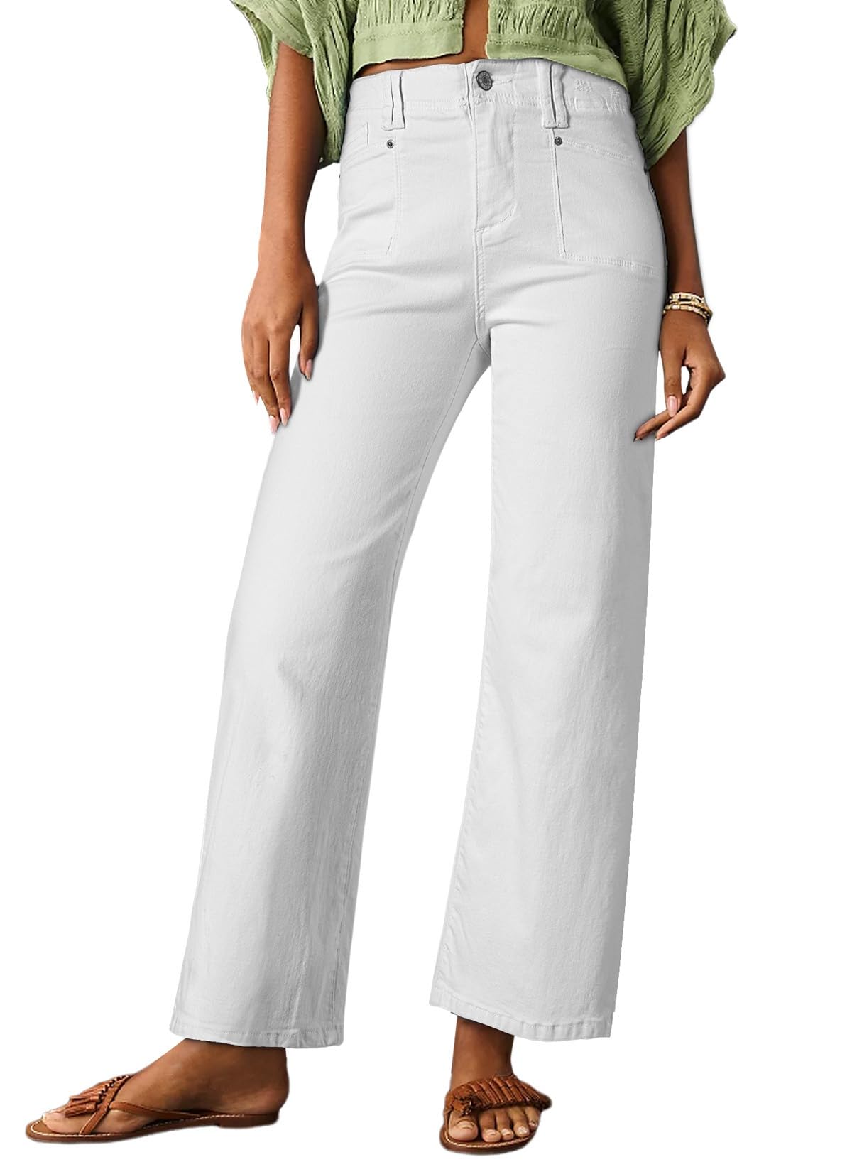 Photo 1 of Astylish Wide Leg Jeans for Women Trendy High Waisted Bootcut Jeans Denim Pants Stretchy Baggy with Patch Pockets White Size 4