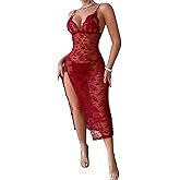 Foxiny Sexy Split Wireless Sheer Floral Lace Maxi Dress With Thong 2 Piece Lingerie Set