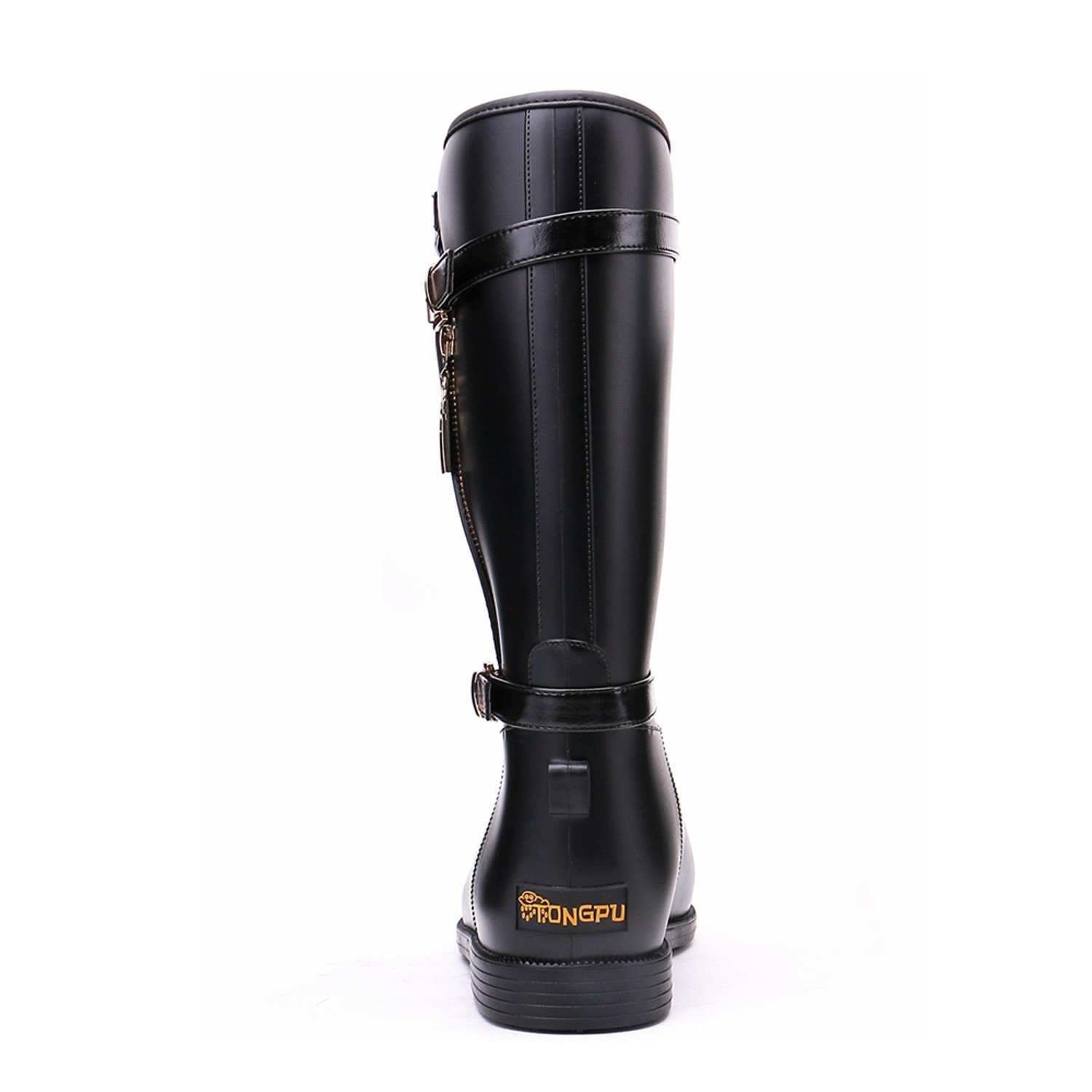 brooklyn walk women's mid-calf gumboots buckle and zipper waterproof black rain boots