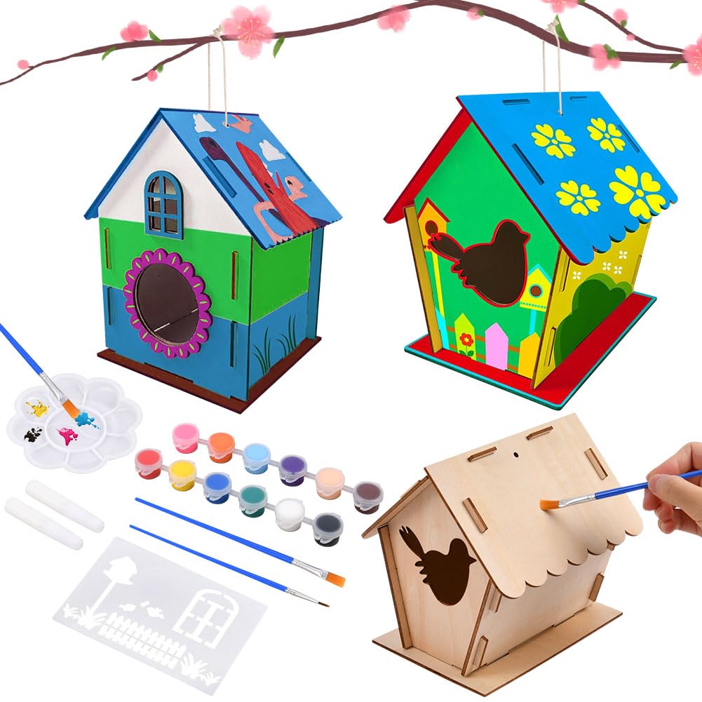 Ainiv DIY Bird House Kit - Wooden Craft Kit to Build and Paint Birdhouse with Paints & Brushes, Wooden Arts Perfect for Easter, Halloween, Christmas Gifts