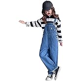 Rolanko Girls Overalls Denim Bib Distressed Jumpsuit Kids Blue Baggy Jean Pants 4-14 Years with Pockets