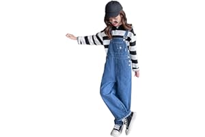 Rolanko Girls Overalls Denim Bib Distressed Jumpsuit Kids Blue Baggy Jean Pants 4-14 Years with Pockets