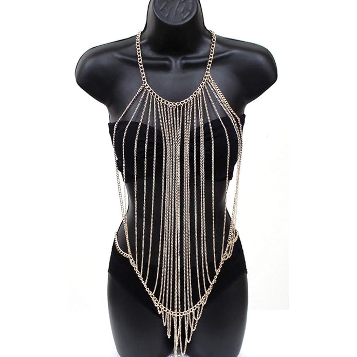 EagleUS Bikini Cross Body Link Chain Necklace to Waist Belly Belt Harness Women Body Full Metal Chain Gold Jewelry Necklace