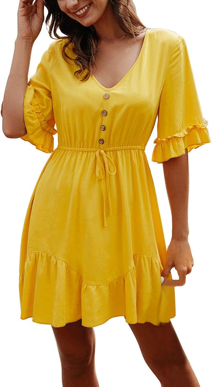 Manches Courtes Femmes Mini Robe Robes D'Été Moulantes Bouton Couleur