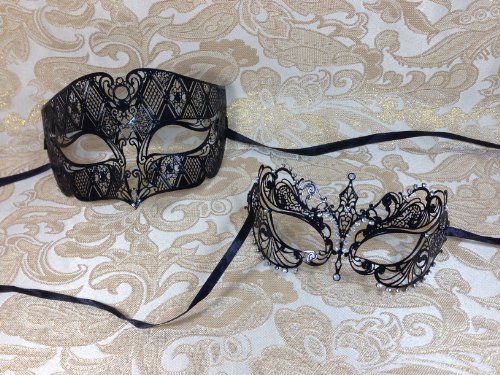 His & Hers Masquerade Couples Venetian Design Masks - 2 Piece Black Colored Set Metal Mask - Perfect Extravagant Couple Mardi Gras Queen Party Halloween Ball Prom by BK