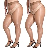 MANZI 2 Pairs Women's Plus Size Oil Shiny Sheer Pantyhose High Waist Shimmer Stockings Nylon Silky Tights