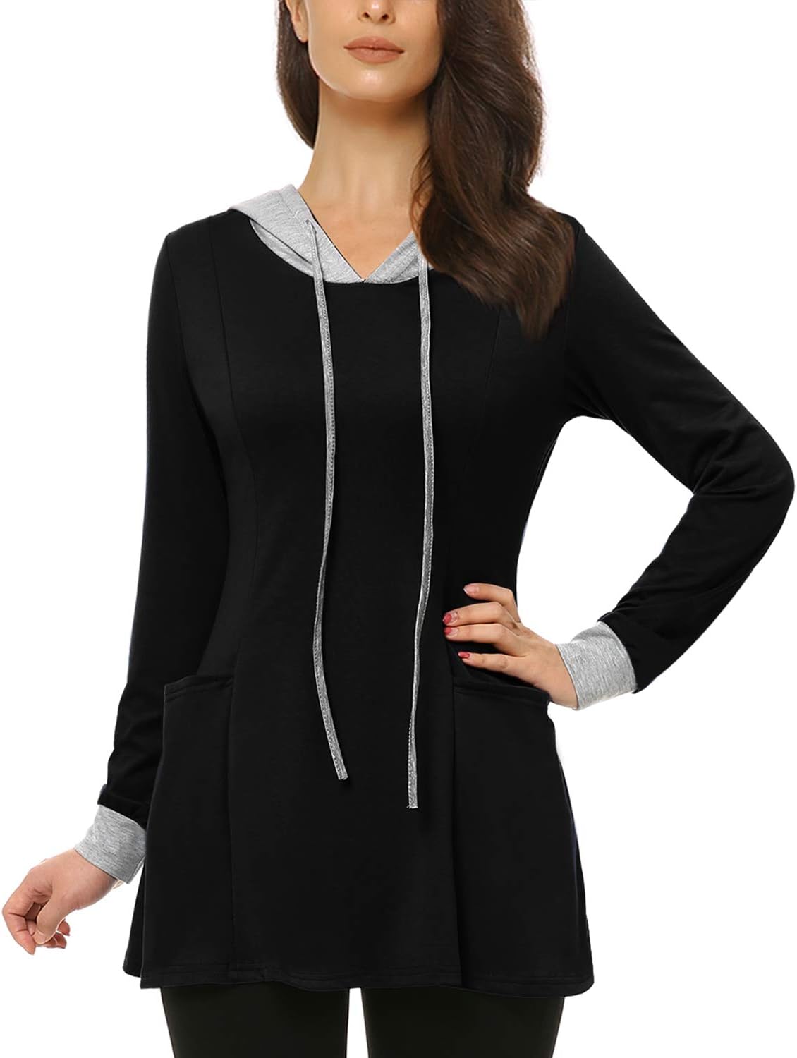 Womens Stitching Sweatshirt V-Neck Long Sleeve T Shirt Top Pullover Hoodies with Pockets