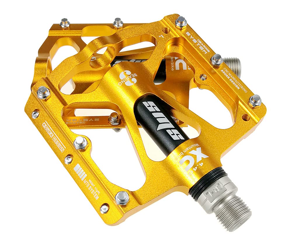 FrontStep High Quality Aluminum Alloy Non-Slip Pedals Lightweight Mountain Bike/Road Bike/City Bike/BMX Pedal with CR-MO Steel Pin Pedals (Gold)