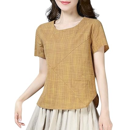 FOTBIMK Women Patchwork Bettwäsche aus Baumwolle O-Neck Short-Sleeved Solid Top T-Shirt