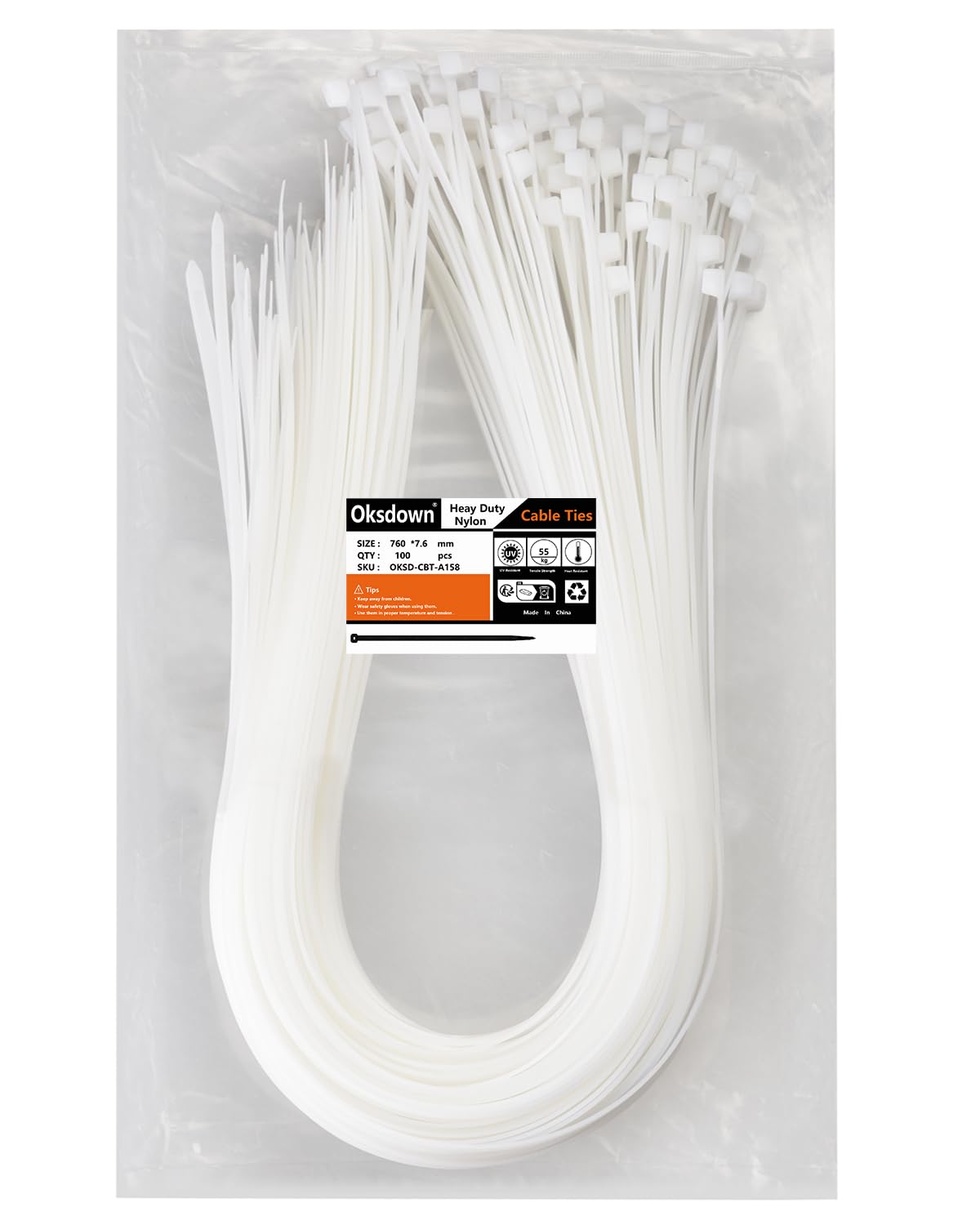 Oksdown 100 Pack White Plastic Cable Ties 760mm×7.6mm Strong Nylon Heavy Duty Self Locking 30 inch/76 cm Long Zip Tie Wraps