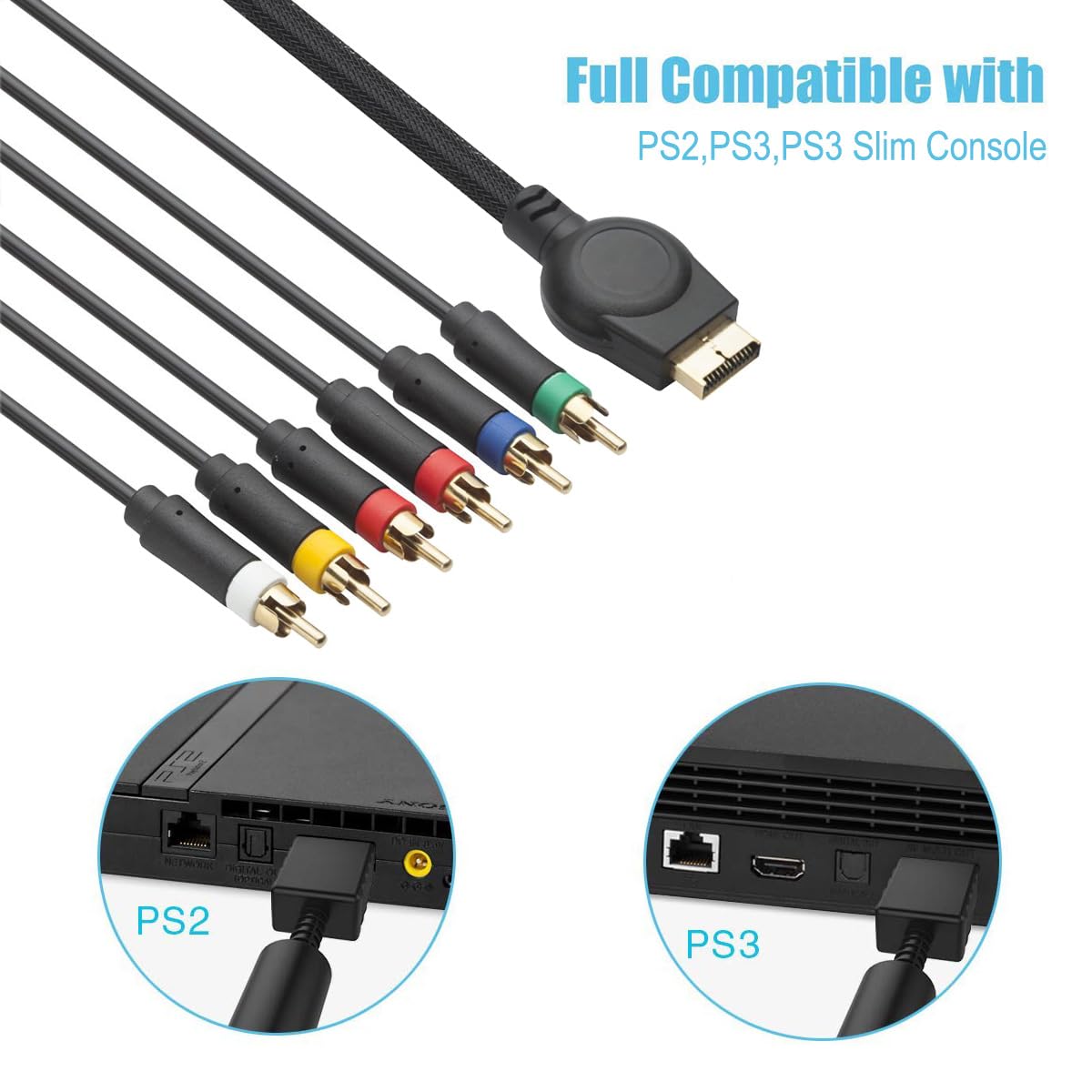 6 Feet PS3 Component AV Cable, Premium High Resolution HDTV Multi Out Composite RCA Audio Video Cable for PS2 / PS3 / PS3 Slim Gaming Console
