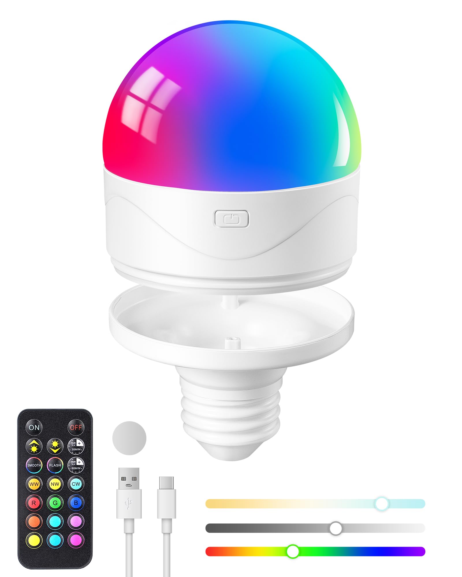 Photo 1 of EDISHINE Rechargeable Light Bulbs with Remote Control, Dimmable 350LM 3000mAh Battery Operated Light Bulb, 2 Timer 12 Colors Selectable, Detachable LED Light Bulbs for Wall Sconces, Emergency, 1 Pack
