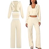 ABOCIW Womens 3 Piece Outfits Brushed Jersey Long Sleeve Hooded Cropped Shrug Bandeau Top Wide Leg Sweatpants Tracksuit