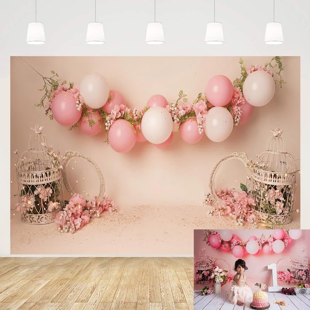 MEHOFOND 7x5ft Pink Balloon Rose Flower Floral Birthday 1st Girl Baby Party Supplies Decoration Banner Photo Studio Props