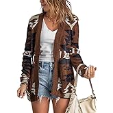 chouyatou Women's Tribal Aztec Print Sweater Open Front Knitted Jacquard Cardigan Sweater