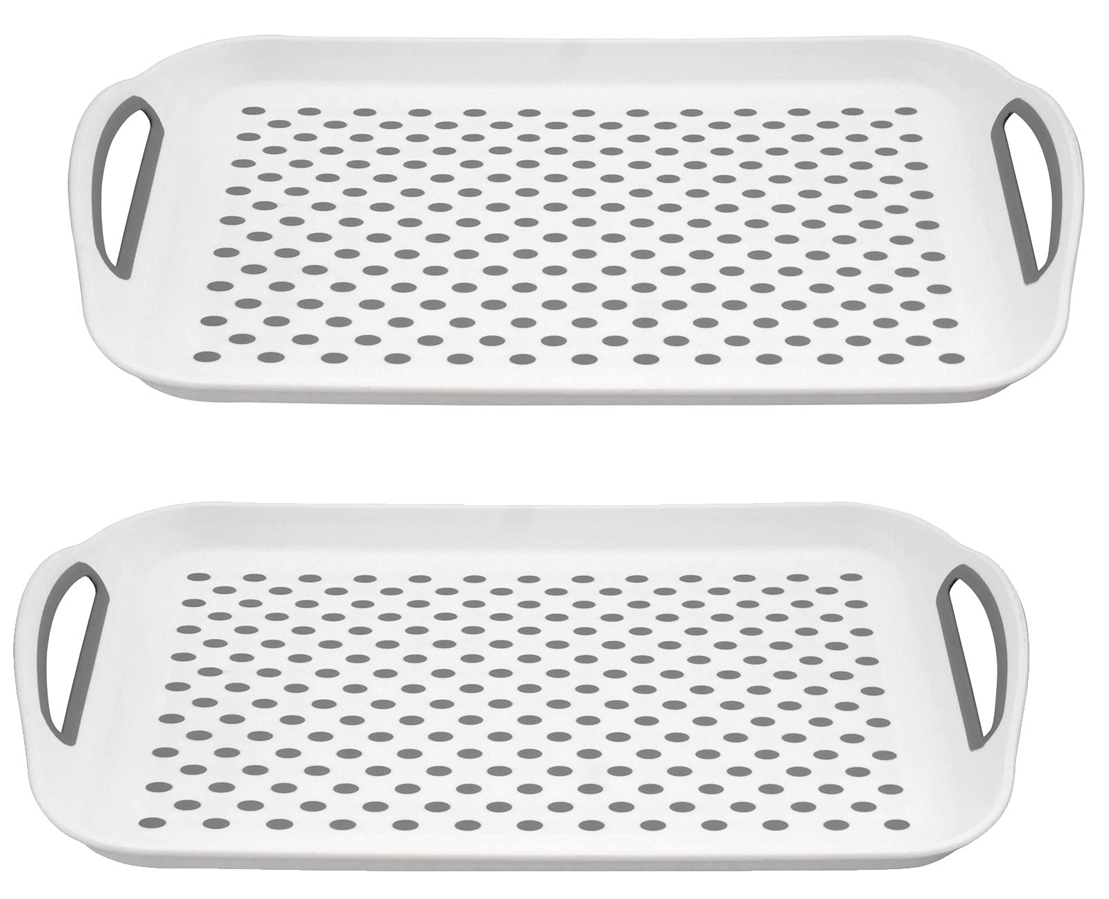 HOMESHOPA - 2 x Non-Slip Rectangular Anti-Slip Serving Tray with High Grip Surface Base and Easy Grip Handles/Ideal for Dinner Tea Drinks, White Plastic & Grey Rubber Dots