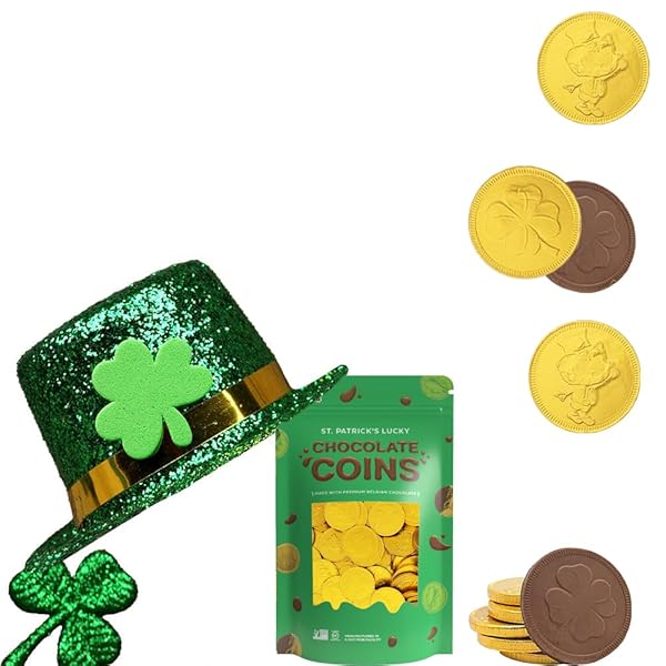 ST. PATRICK’S DAY 50 CHOCOLATE COINS LUCKY GOLD COINS FOILS, SHAMROCK CLOVER BELGIAN MILK CHOCOLATE COINS BAG NUT-FREE SINGLE