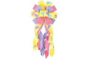 LANGFON Long Easter Wreath Bows, Yellow Purple Red Easter Rabbits Pattern Spots Burlap Easter Bows for Wreaths - Large Easter Burlap Tree Topper Bows for Holiday Front Door Wreath Decorations Indoor Outdoor