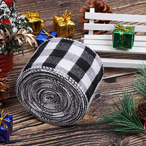 WAVEYU Buffalo Check Plaid Wired Ribbon Gingham Ribbon 2" Wide 236'' Length for Christmas Tree,Wreath Bows,Festive Farmhouse Decoration,Gift Wrapping Crafts,Floral Arrangement,Black and White