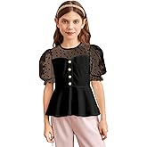 WDIRARA Girl's Sheer Mesh Short Puff Sleeve Blouse Heart Print Cute Ruffle Peplum Top