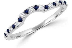 Alternate Round Cut Blue Sapphire & White Diamond Chevron Curved Wedding Anniversary Matching Band For Women, 14K White Gold 