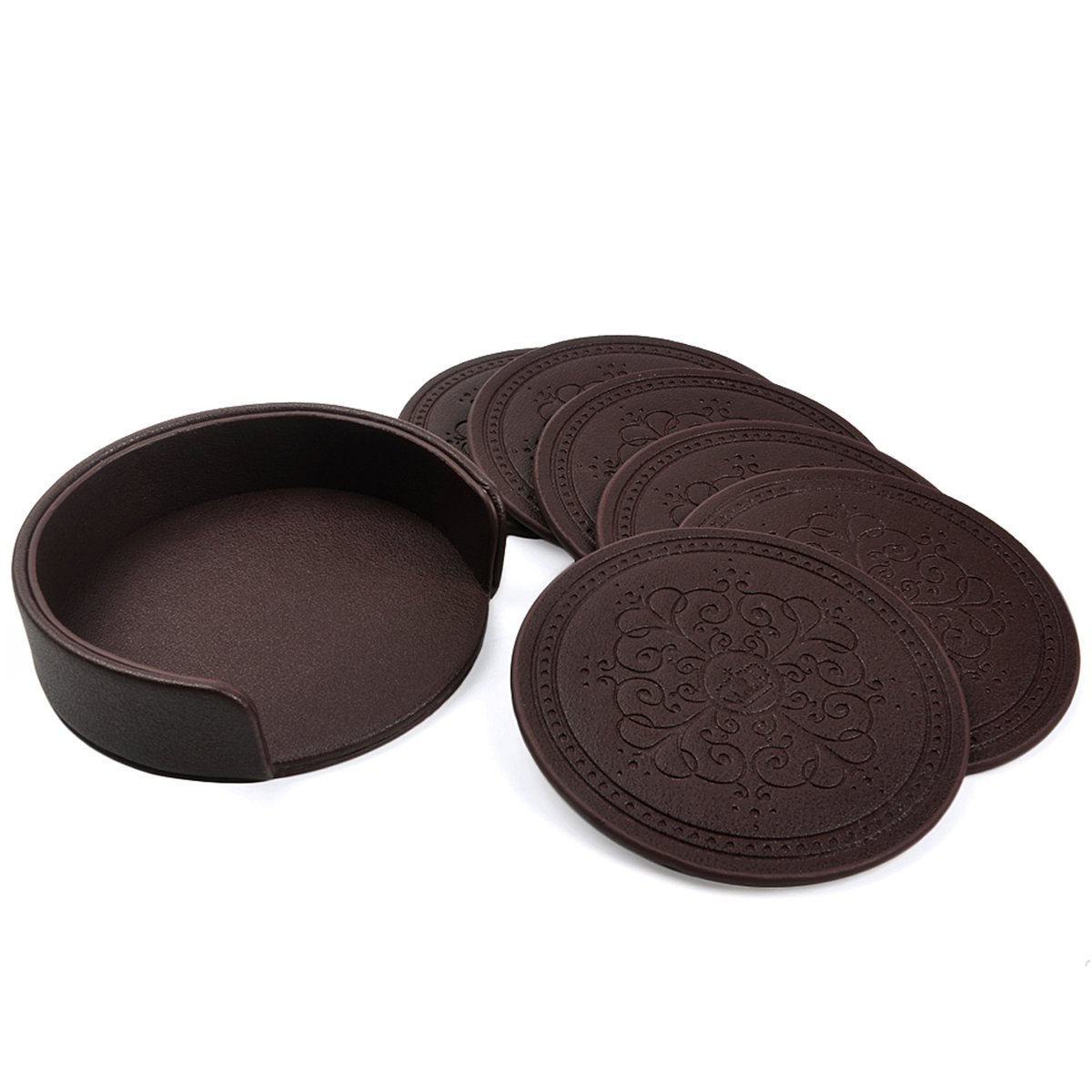 Coasters Set,Classic Pattern Faux Leather Coaster Set of 6 with Holder