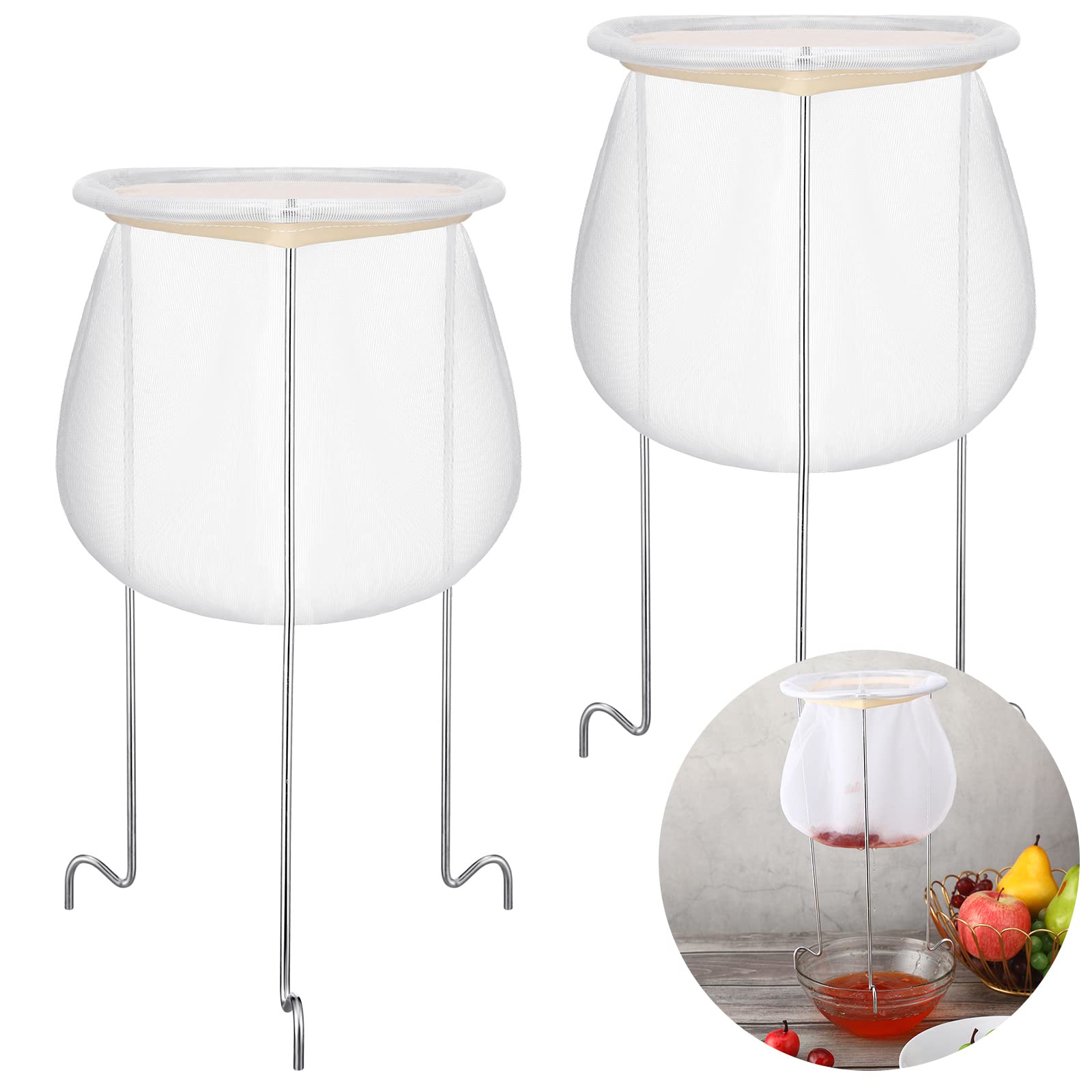 Photo 1 of 2 Pack White and Silver Jelly Strainer Stand with Bag Reusable Jelly Filter Bags for Straining Stainless Steel Sieve Stand for Different Size Pans and Bowls