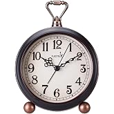 FLOITTUY 4.5" Battery Operated Antique Retro Analog Metal Alarm Clock, Silent Bedside Desk Clock, Wall-Hanging Vintage Clock(Vintage Black)