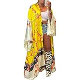Famnbro Women's Floral Print Satin Robe Kimono Cardigan Open Front Long Cover Ups Outerwear One Size