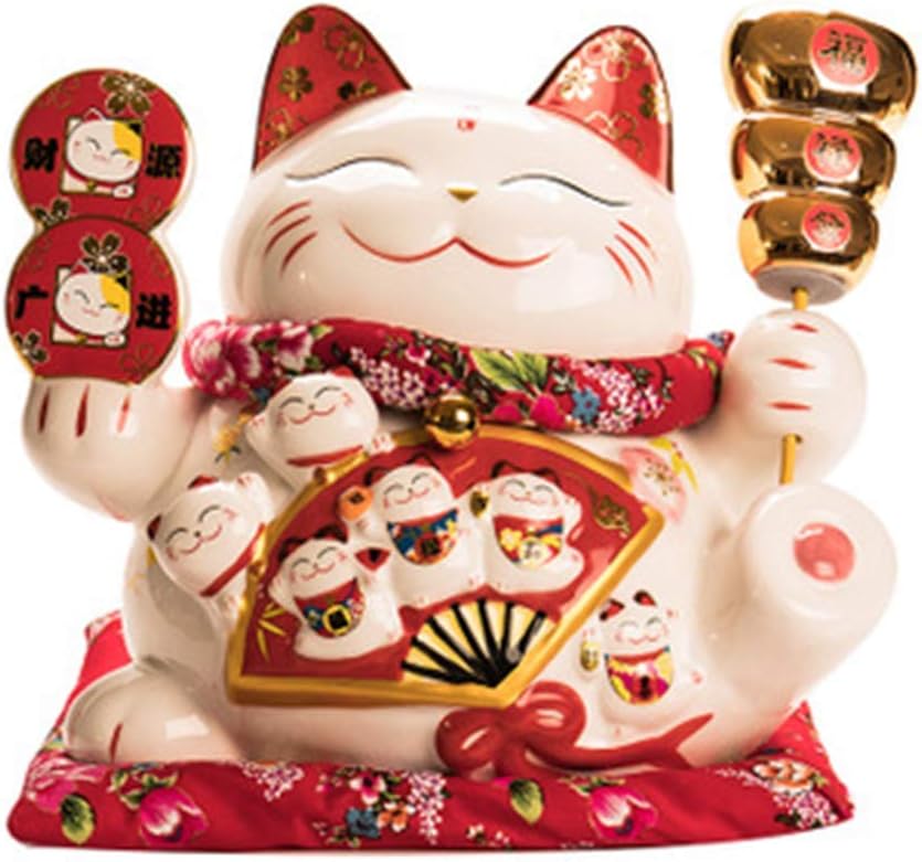 CROWNXZQ 13 inch Lucky cat Decoration, White Ceramic Money Lucky cat Feng Shui Lucky Ceramic White cat Piggy Bank, Suitable for Office Front Desk Home Living Room Decoration