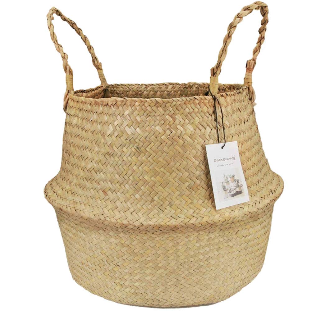 Austinstore Natural Seagrass Belly Basket with Handles Seagrass Planter for Fig Indoor Plants