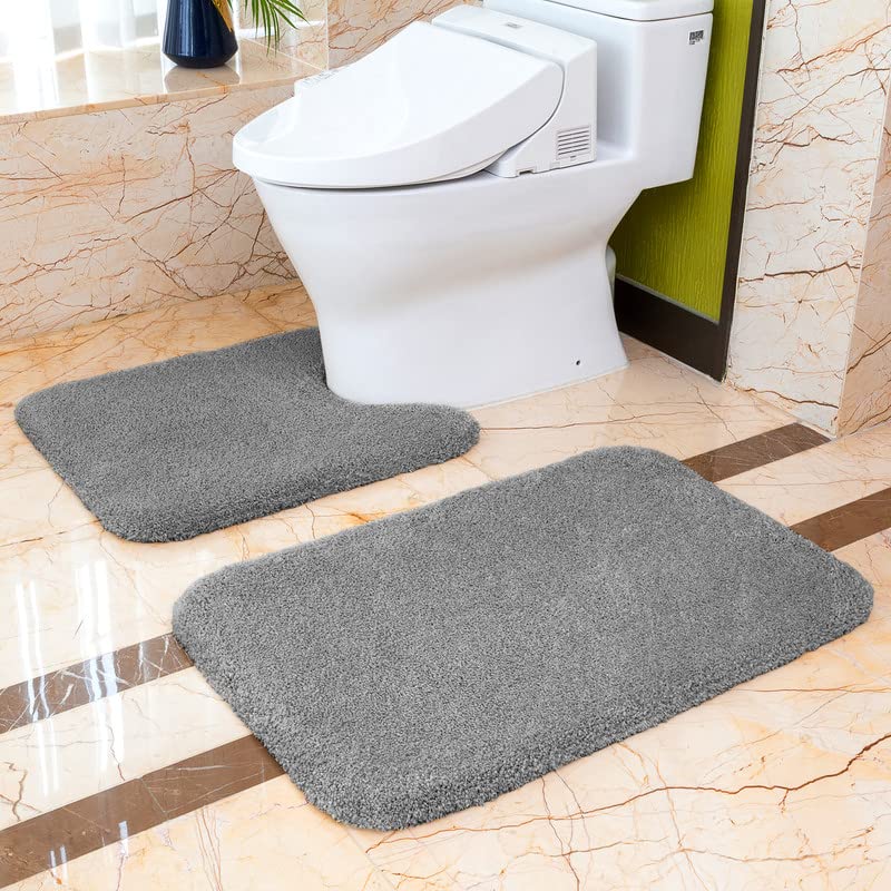 Vanzavu Non Slip Bath Mat - 2 Piece Thickened Bath & Pedestal Toilet Mat Set - Fluffy Microfiber - 50 x 80cm & 50 x 60cm U Shape (Dark Gray)