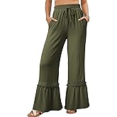 Dokotoo Women's Pants Casual High Waisted Wide Leg Pants Woman Loose Drawstrings Lace Trousers with Pockets