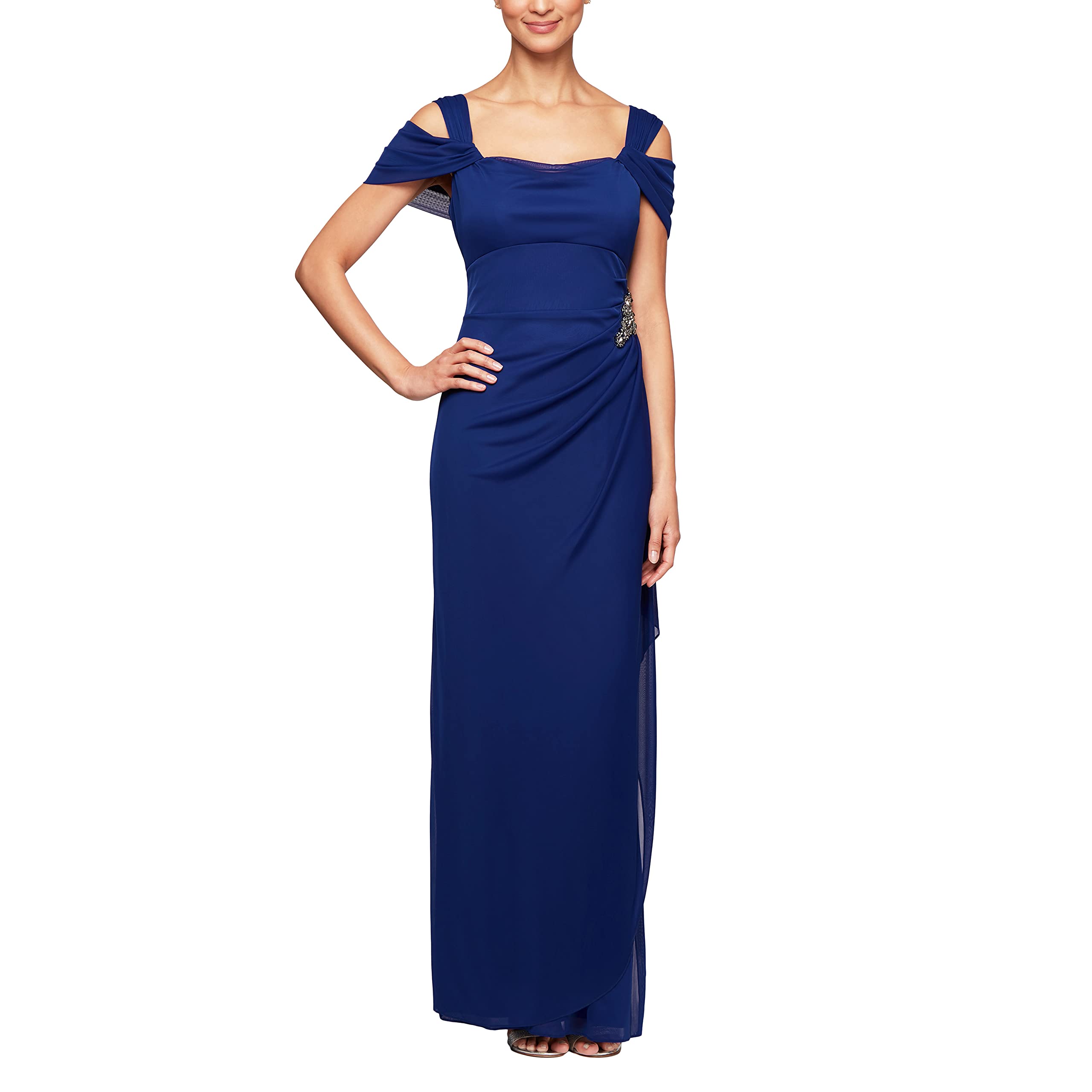 Alex Evenings Women’s Long Cold Shoulder Dress, Mother of The Bride, Formal Events (Petite and Regular Sizes), Beaded Electric Blue, 10