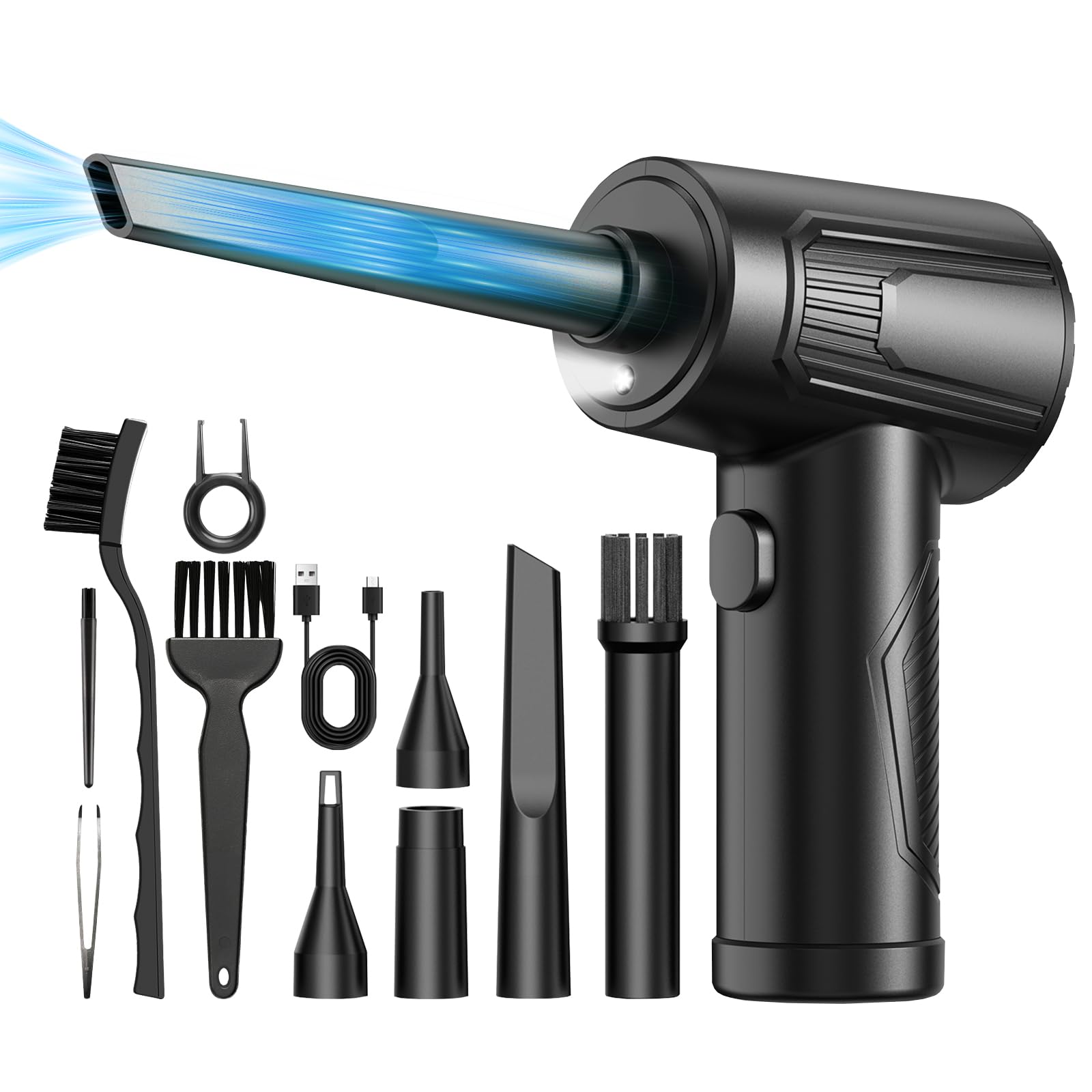 Photo 1 of 11-in-1 Compressed Air Duster-3-Gear Adjustable 120000 RPM Electric Air Duster with LED Light, Reusable no Canned Keyboard Cleaner for Office, 9000mAh Cordless Air Duster for Computer/Car/Home (Black)