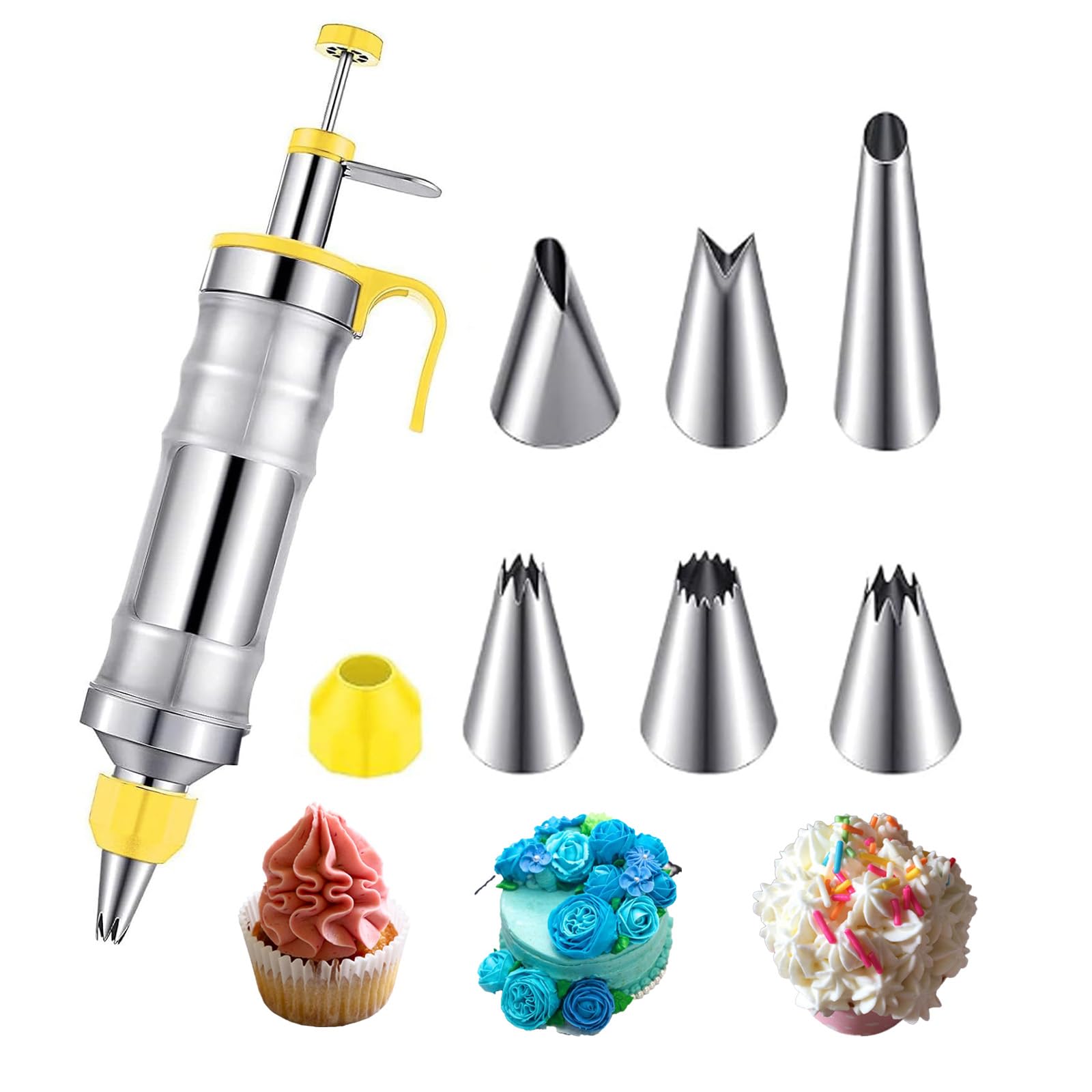 HAPPOW Icing Piping Gun for Cake Decorating，Nozzles 14Oz Icing Piping Set, Cake Icing Piping Set, Piping Bags and Nozzles, Icing Nozzles Set Kit with 6 Stainless Steel(Yellow)