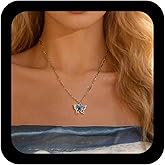 Andelaisi Boho Blue Crystal Butterfly Necklace Vintage Sapphire Butterfly Pendant Necklace Silver CZ Butterflies Choker Necklace Minimalist Butterflies Tiny Chain Necklace Jewelry for Women