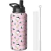 32oz Pink Panda Water Bottle with Handle and Flip Straw, Sports Stainless Steel Insulated Cup Travel Coffee Mug Tumbler, Birthday Mothers Day Chritmas Gifts for Women