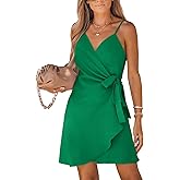 CUPSHE Women Spaghetti Strap Summer Dress Surplice V Neck Wrap Waist Tie Casual Beach Sundress Holiday Vacation Mini Dress