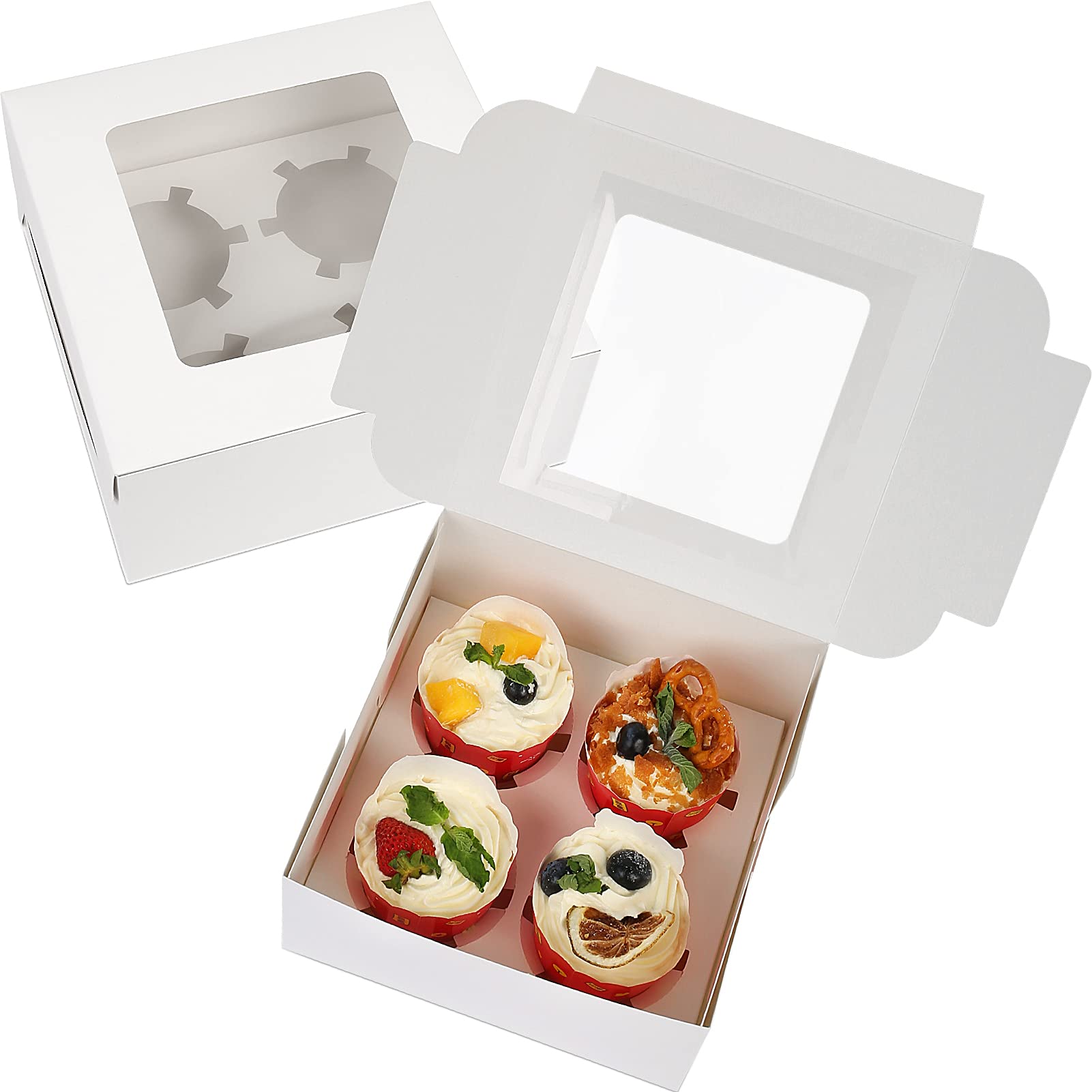 FZAY Cake Box, 10Packs Kraft Paper Cupcake Boxes with Inserts 2/4/6 Holes Muffin Boxes Cupcake Holder (White, 4 Holes)