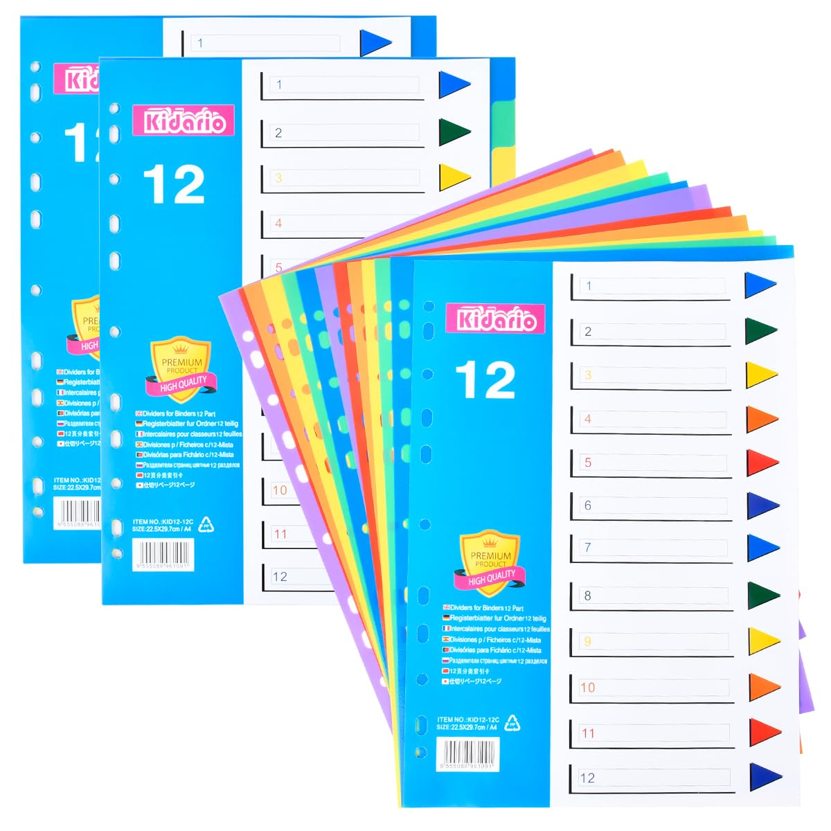 3 Pack File Folder Dividers 12 Part,Plastic A4 Subject Binder Dividers, Pre-Punched Leverl Arch Folder in Assorted Colours