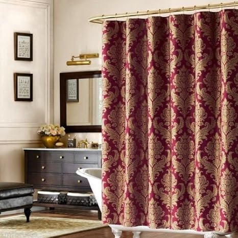 Bombay Pavanne Luxury Dark Red Gold Damask Fabric Shower Curtain