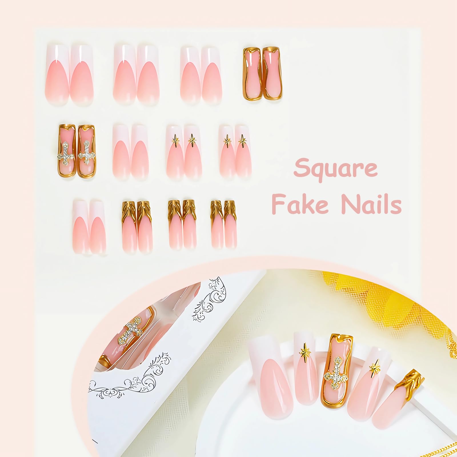 MISUD Press on Nails Long Square Fake Nails Glossy Glue on Nails 3D Gold French Tip Acrylic Nails Squoval Artificial Nails Cross Rhinestone Stick on False Nails with Design 24 pcs - Image 4
