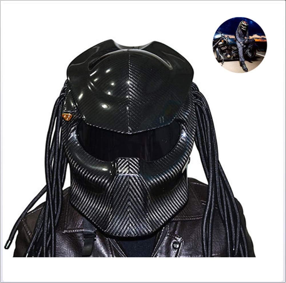 Carbon Fiber Helmet with Personality Hair Braid and LED Light/Iron Warrior Motorcycle Helmet/Full Face Helmet with Lens Anti-Fog (55-64cm)