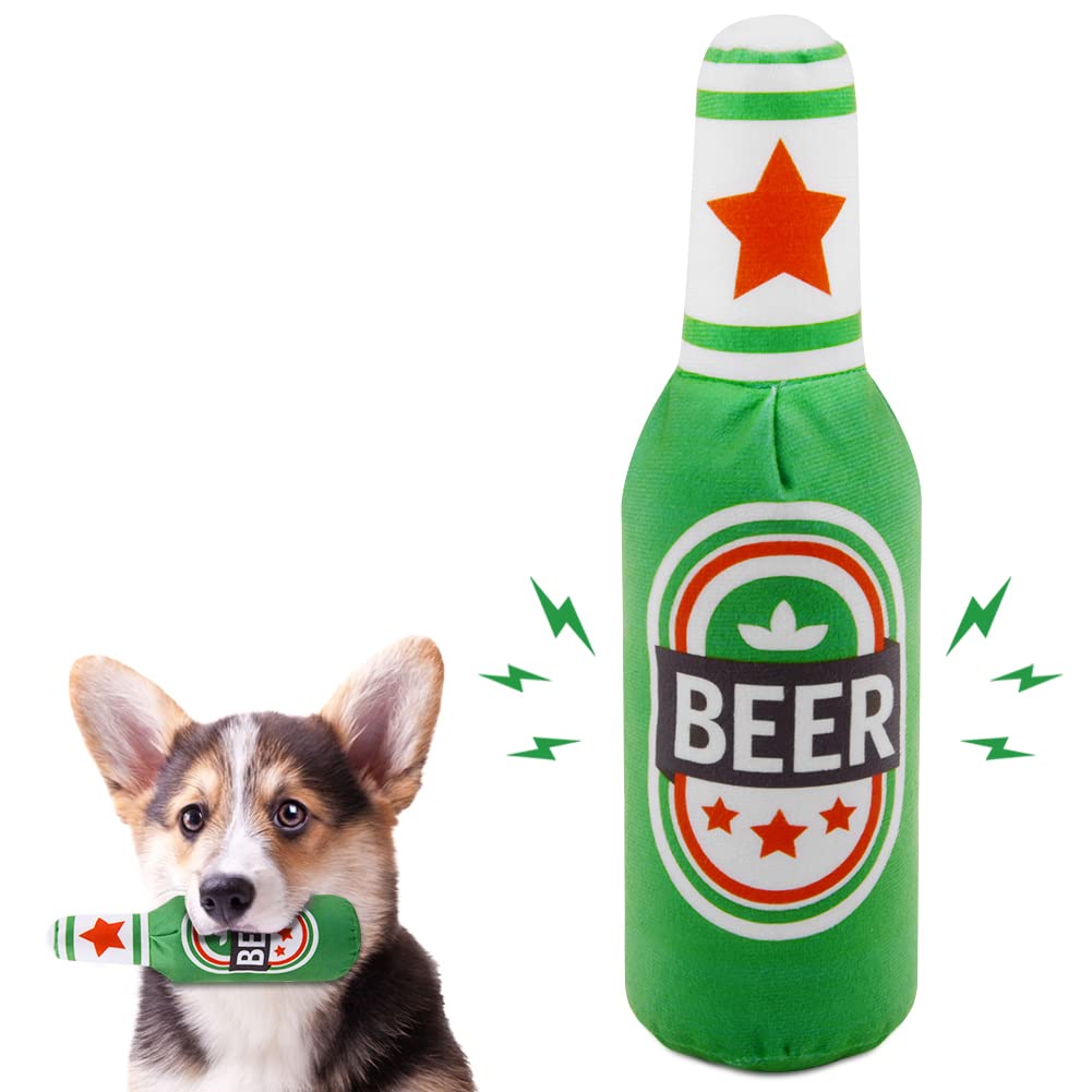 vsshe Beer Bottle Plush Toys, 1 Pack Pet Plush Squeaky Dog Toy, Champagne Shape Dog Squeaky Chew Toys, Interactive Safe Doll Game Dogs Birthday Toys for Small, Medium, Large Dogs and Other Pets, Green