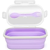 ECOmorning Collapsible Silicone Lunch Box with Lid and Spork, Leakproof Foldable Bento Box for Meal Prep, Travel, Camping, Microwave and Dishwasher Safe, 8.1 x 5.1 x 2.8 inches, Purple